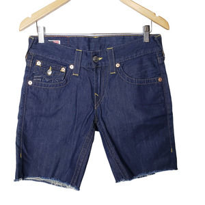 True Religion Size 28 Ricky Cut Off Raw Hem Flap Pockets Shorts Indigo Blue